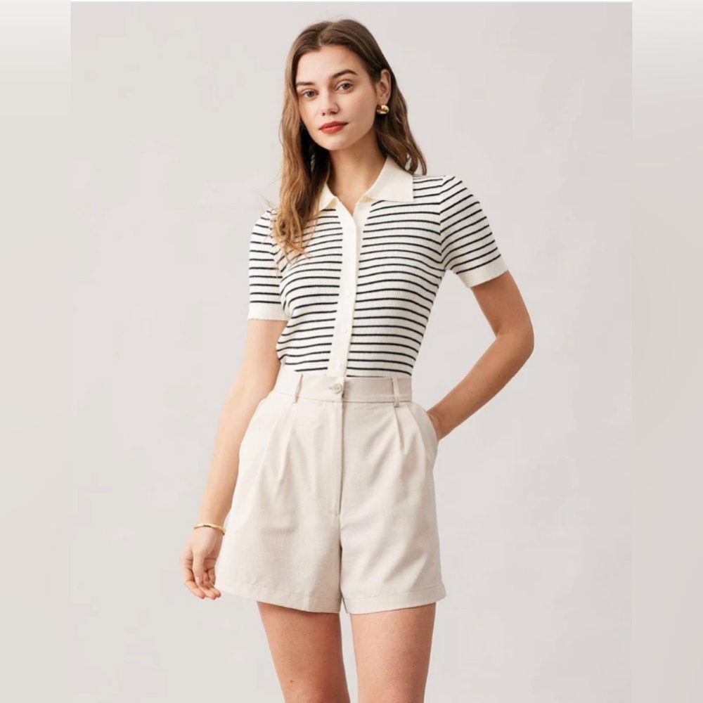 NWT RIHOAS The Lapel Button Up Striped Knit Top One Size